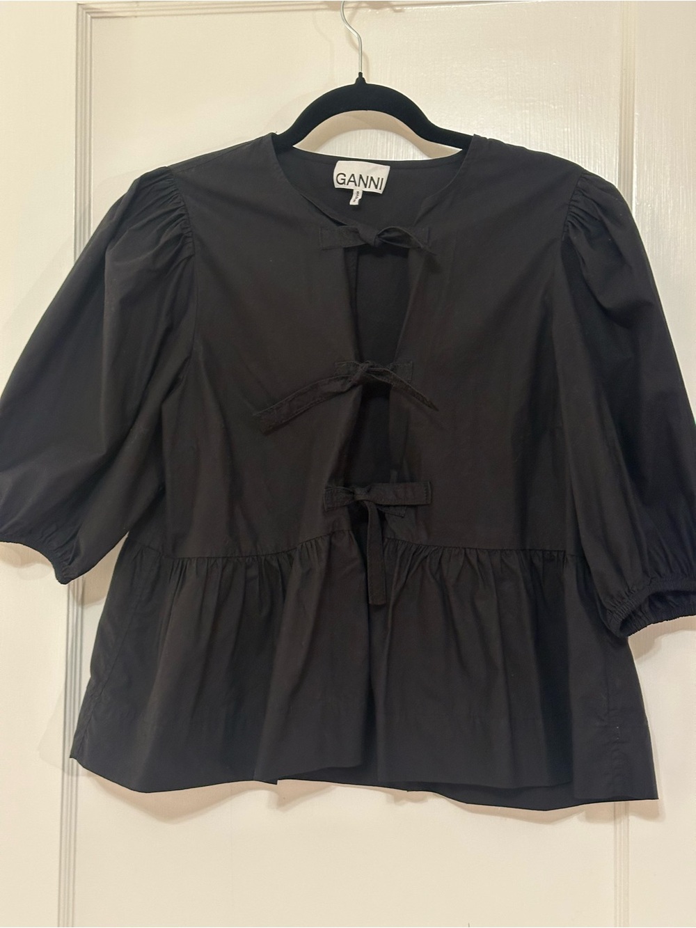 Ganni Black Tie-Front Peplum Top with Puff Sleeves